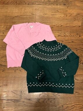 Lands’ End Fair Isle Sweater XL + ON 34th Pink V Neck Sweater XL Bundle Cozy